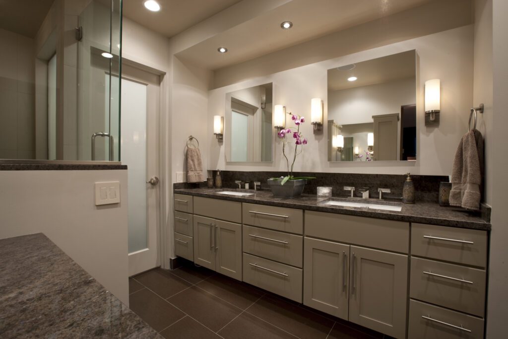 gray and white bath space